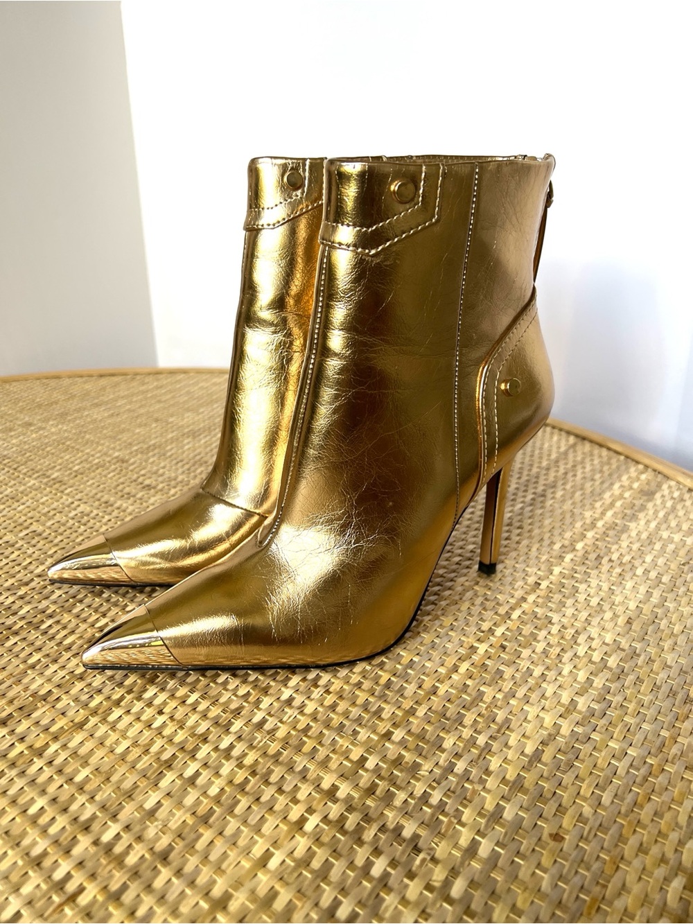 Aldo Nilita Point Cap Toe Mid Boot Metallic Gold Stiletto Heel Retro Y2K Vegan 6